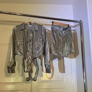 Metallic Olive Green Women's Two-Piece Jacket & Skirt Set